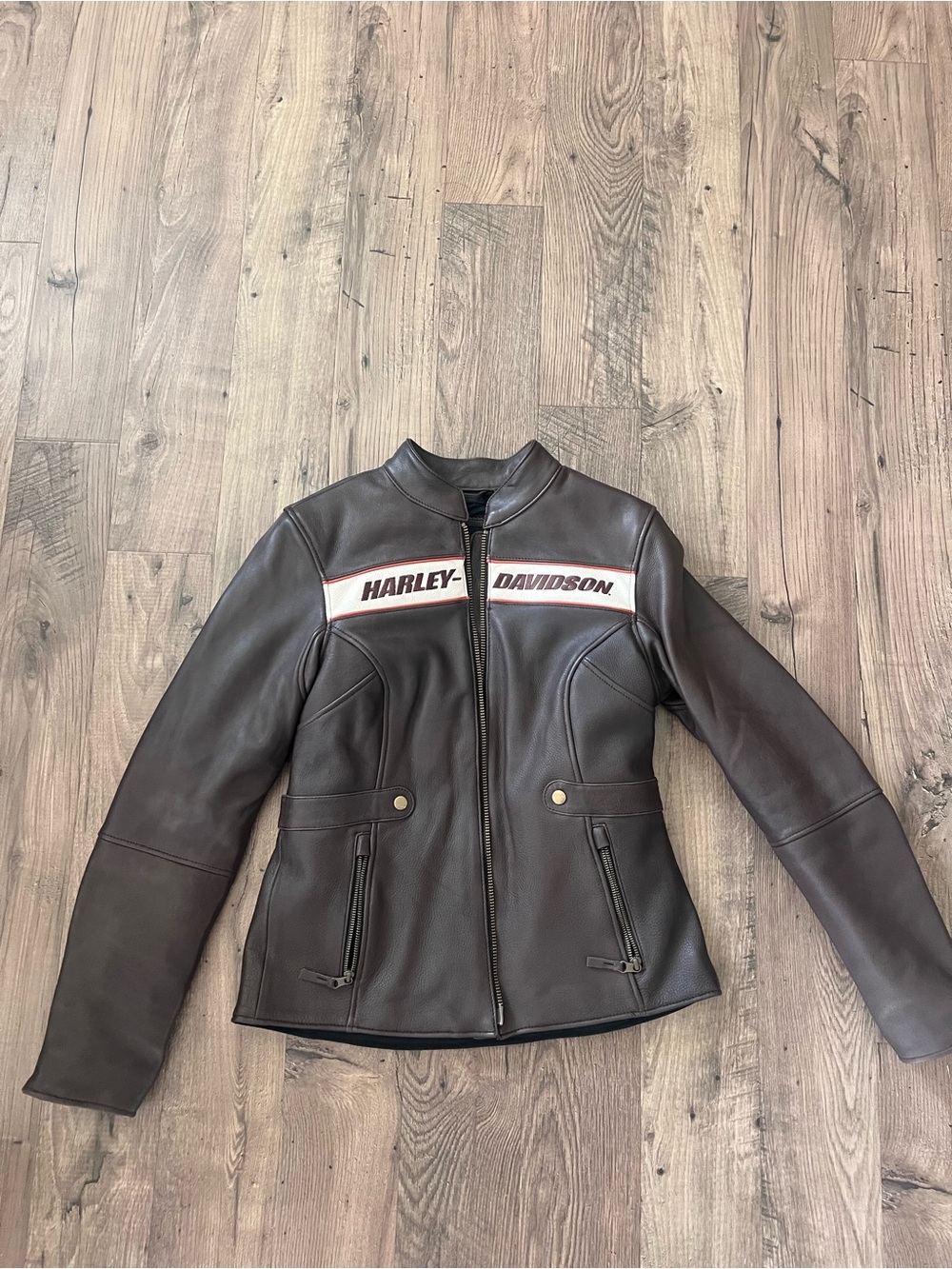 Harley-Davidson Brown Leather Women's Zip Riding Jacket with White Chest Stripe
